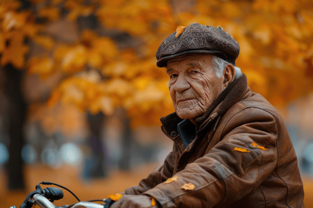 Elderly Man in Autumn Park Wearing Brown Jacket and Cap, Surrounded by Falling Leaves on Bicycleの素材