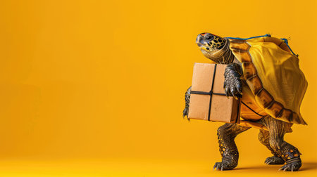 Turtle Carrying Package Against Bright Yellow Background - Symbol of Slow and Steady Deliveryの素材