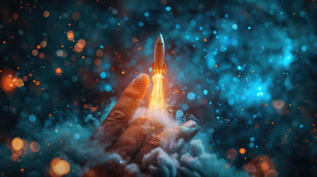 Human Hand Launching Rocket in Colorful Abstract Cloudy Space Environmentの素材