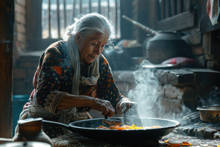 Elderly Woman Cooking Traditional Meal in Rustic Kitchen Surrounded by Steam and Warm Lightの素材