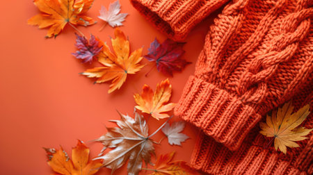 Cozy Orange Knitted Sweater with Colorful Autumn Leaves on Bright Orange Backgroundの素材