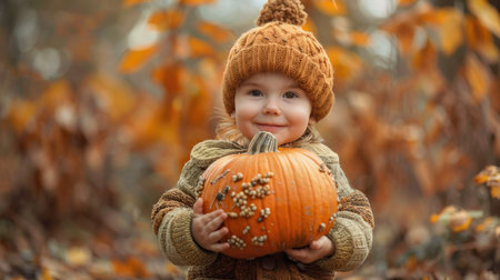 Adorable Child Holding a Pumpkin in Autumn Harvest Seasonの素材