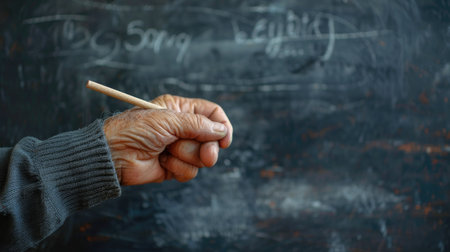 Senior Teacher Holding Chalk Against Blackboard in Classroom Settingの素材