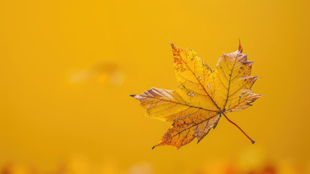 Golden Autumn Maple Leaf Floating on Yellow Backgroundの素材