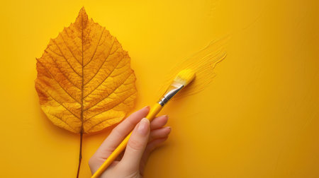 Hand Painting Autumn Leaf on Yellow Background with Brush Close-Upの素材