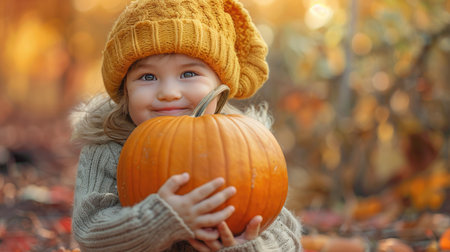 Adorable Toddler Holding Pumpkin in Autumn Park Wearing Cozy Knit Hatの素材