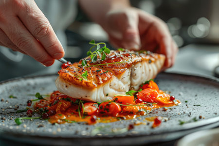 Chef Preparing Seasoned Grilled Fish with Fresh Vegetables and Microgreensの素材