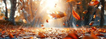 Autumn Foliage Falling Leaves in Sunlight with Raindrops in Forestの素材