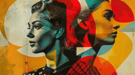 Vibrant Modern Art Portraits of Two Women in Abstract Colorful Backgroundの素材