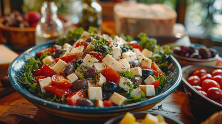 Fresh Greek Salad with Tomatoes, Olives, and Feta Cheese on a Rustic Wooden Tableの素材