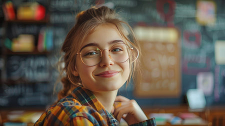 Smiling Young Woman in Glasses with Plaid Shirt in Classroom with Chalkboard Backgroundの素材