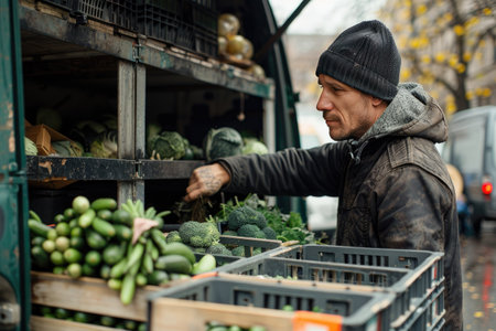 Man Choosing Fresh Vegetables at Outdoor Market on a Chilly Dayの素材