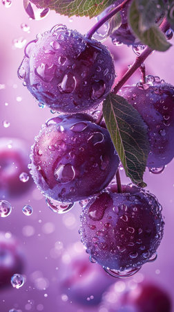 Macro Shot of Dew-covered Plums on Branch with Leaves and Sparkling Backgroundの素材