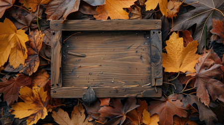 Autumn Wooden Frame on Colorful Fallen Leaves - Seasonal Background for Fallの素材