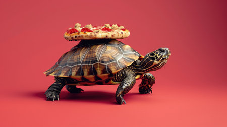 Tortoise Carrying Pizza on Shell Against Red Backgroundの素材
