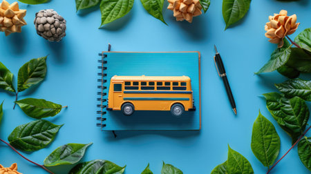 Mini School Bus on Notebook with Leaves and Pen - Back to School Conceptの素材