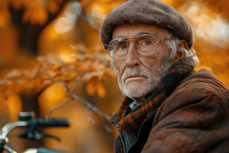 Elderly Man with Bike in Autumn Park, Serene Expression Amidst Colorful Fall Foliageの素材