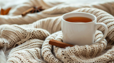 Cozy Warm Sweater with Hot Tea and Cinnamon Stick on Autumn Morningの素材