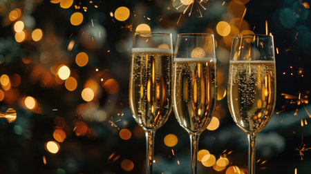 Festive New Year's Celebration with Sparkling Champagne and Golden Bokeh Lightsの素材