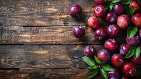 Fresh Red Plums with Green Leaves on Rustic Wooden Table - High-Quality Stock Photographyの素材