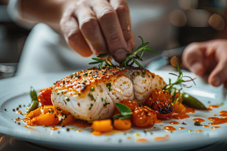 Chef Finishing Garnish on Grilled Salmon with Vegetables and Herbs in Upscale Restaurantの素材