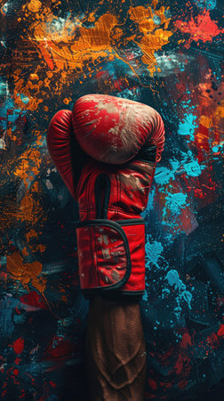 Red Boxing Glove Against Vibrant Abstract Background - Sports, Art, Strength, Power, Colorfulの素材