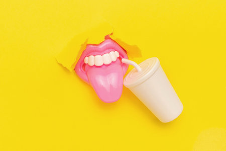 Colorful Conceptual Art: Mouth with Pink Tongue and White Cup Through Yellow Paper Backgroundの写真素材