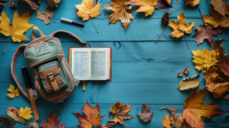 Vintage Backpack with Open Book and Autumn Leaves on Blue Wooden Tableの素材