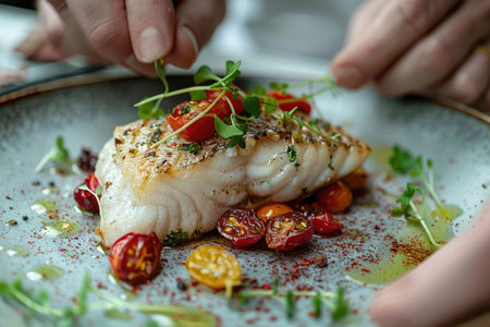 Gourmet Grilled Fish Fillet with Cherry Tomatoes and Microgreens on Ceramic Plateの素材