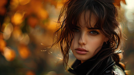Young Woman Posing Outdoors During Autumn Season with Orange Leaves in Backgroundの素材