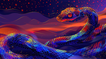 Vibrant Digital Artwork of a Colorful Snake in an Abstract Cosmic Landscapeの素材