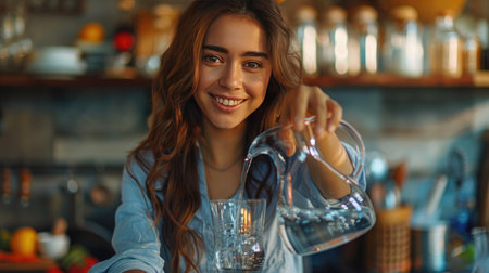 Young Woman Pouring Water into Glass in Cozy Kitchen Settingの素材