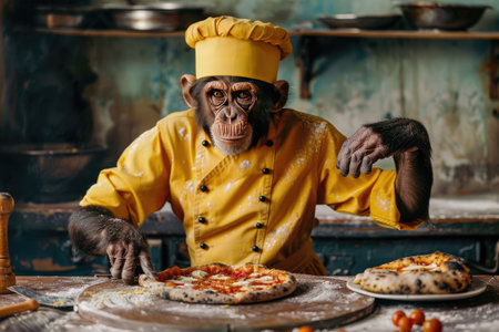 Chimpanzee Chef Making Pizza in Rustic Kitchen, Wearing Yellow Uniform, Funny Animal Cooking Conceptの素材