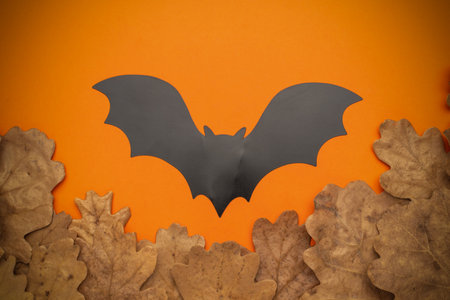 Black Bat Cutout on Orange Background with Autumn Leaves for Halloween Decorationの写真素材