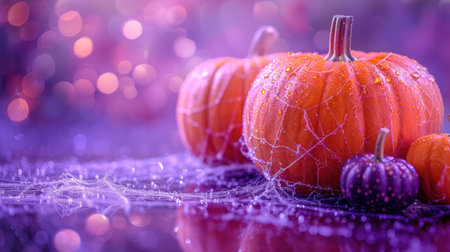 Vibrant Halloween Pumpkins with Dew-covered Spider Webs in a Mystical Purple Glowの素材