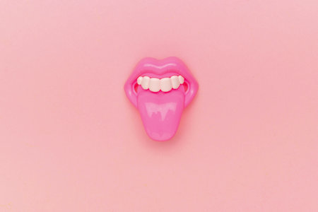 Vibrant Pink Plastic Lips with Tongue on Soft Pink Background for Fun Pop Art Conceptの写真素材