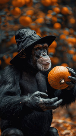 Chimpanzee Holding Pumpkin in Autumn Forest, Wearing Black Hatの素材