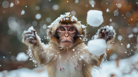 Playful Monkey Enjoying Snowfall in a Winter Wonderland Forestの素材