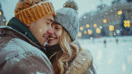 Romantic Winter Couple Embracing in Snowy Cityscape with Festive Lightsの素材