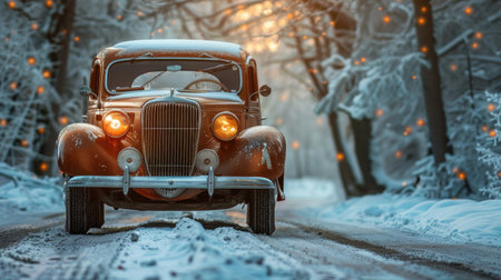 Vintage Car in Snowy Forest with Glowing Lights - Winter Wonderland Sceneの素材