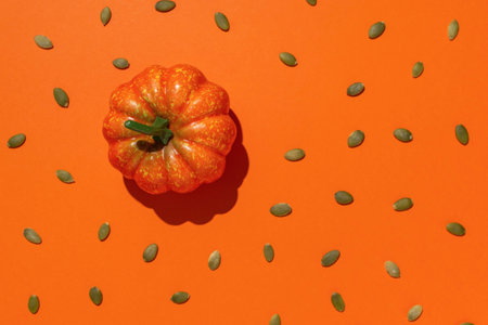 Small Pumpkin with Scattered Seeds on Vibrant Orange Backgroundの写真素材