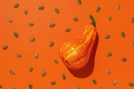 Vibrant Gourd on Orange Background with Scattered Seedsの写真素材