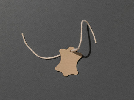 Minimalist Beige Leather Tag on String Pendant Against a Dark Gray Backgroundの写真素材