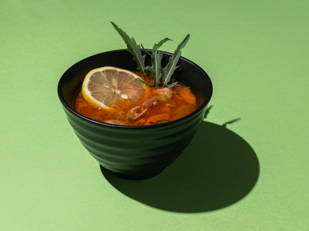 Fresh Tomato Soup with Lemon and Arugula in Black Bowl on Green Backgroundの写真素材