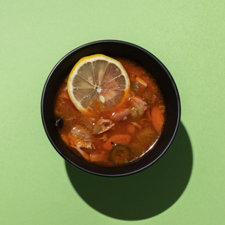 Top View of Fresh Lemon Vegetable Soup in Black Bowl on Green Backgroundの写真素材