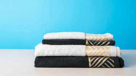 Stacked Towels Against Blue Background - Modern, Clean, and Stylish Home Decorの写真素材
