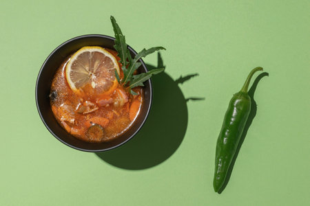 Colorful Bowl of Soup with Lemon and Green Chili on Light Green Background â Healthy and Vibrant Food Photographyの写真素材