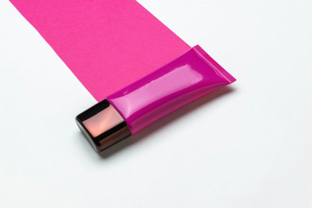 Pink Cosmetic Tube on Bright Pink and White Background - Minimalist Skincare and Beauty Conceptの写真素材