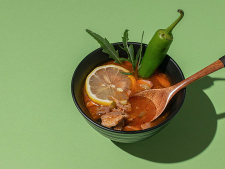 Spicy Soup with Lemon and Chili Pepper in Black Bowl on Green Backgroundの写真素材