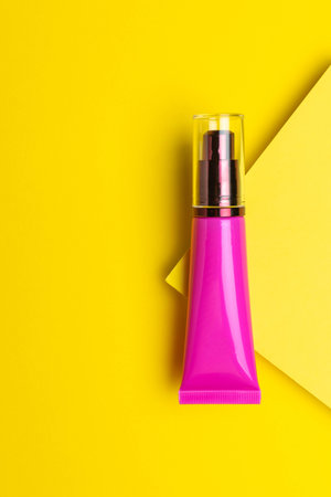 Bright Pink Cosmetic Tube on Yellow Background - Modern Skincare and Beauty Conceptual Imageの写真素材